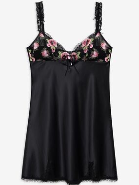NWT (M) For Love & Lemons Love Garden Slip Dress - Black Satin, Floral  Print